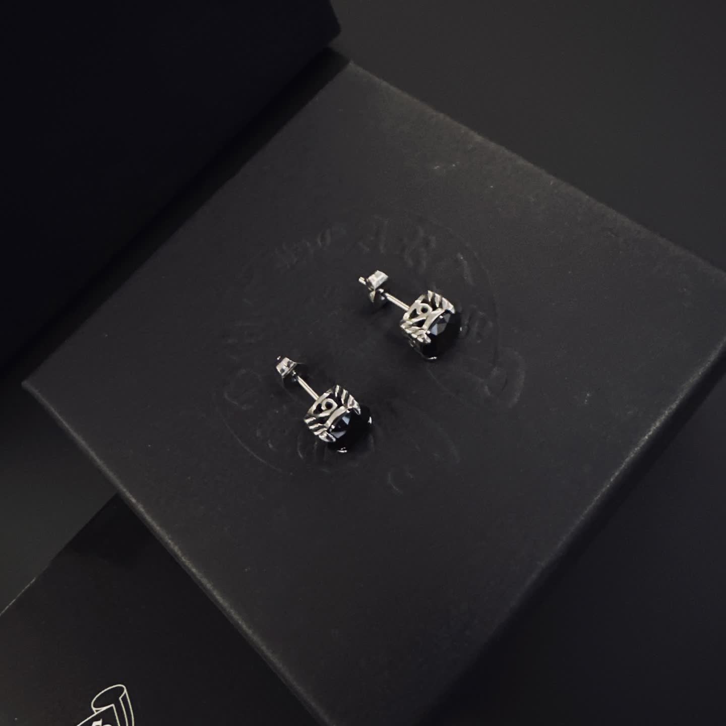 Chrome Hearts Silver Earrings with Black Stones